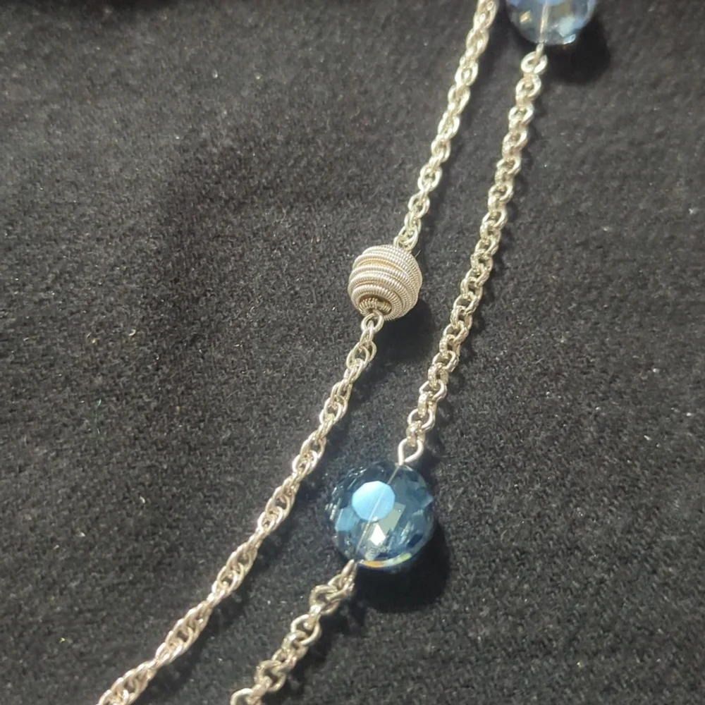 Vintage Monet Silver Tone Beads Blue Crystal Layered Long Statement Necklace - Picture 2 of 4
